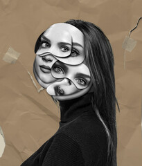 Contemporary art collage. Creative design. Beautiful woman with head made from different face parts. Zine style artwork