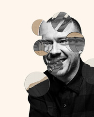 Contemporary art collage. Creative design. Male smiling face with round pieces of face parts. Zine style artwork
