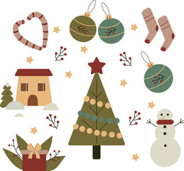 Vector Christmas stickers with Christmas tree,gifts,snowman.Great design for any purpose.