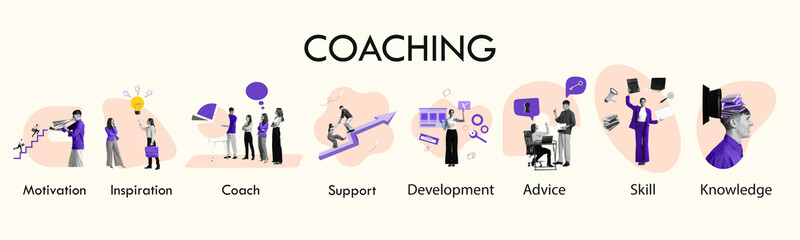 Set of icons of coaching concept. Motivation, inspiration, coach, support, development, advice, skill and knowledge. - obrazy, fototapety, plakaty