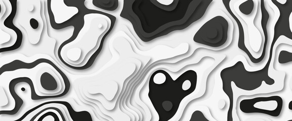 Colorful geometric cut paper black luxury background with white elements. Abstract background with paper cut shapes. Topographic map in paper cut style and origami smooth geometric shapes.