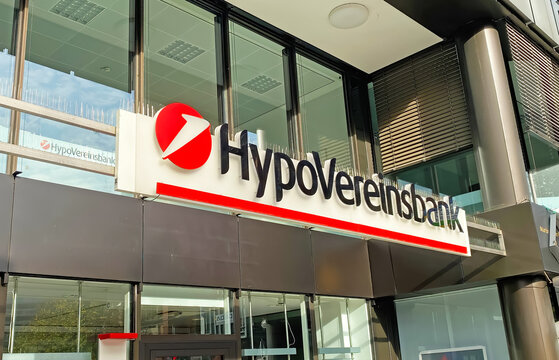 D&uuml;sseldorf, Germany - October 9. 2022: View on bank building branch with logo lettering of Hypovereinsbank