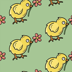 Vector seamless color pattern with chickens and flowers in its beak.