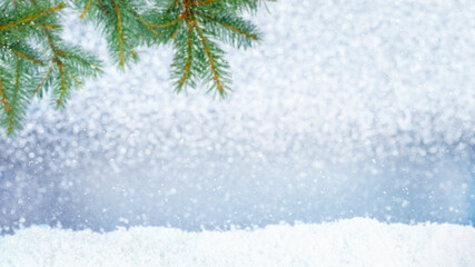 Christmas mock up background with defocused fir branch and snow