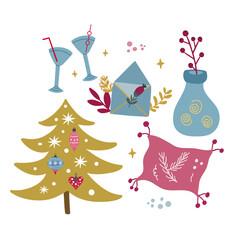 New Years festive composition of winter set - christmas tree, vase, pillow, wine glasses. Vector graphics on a white background is ideal for the design of posters, cards, greetings, wallpapers covers.