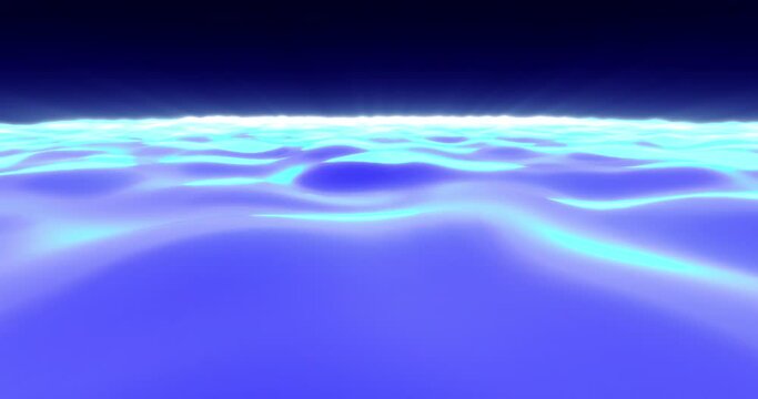Abstract background of blue hills and waves of shiny digital hi-tech road with glowing sun rays. Screensaver beautiful video animation in high resolution 4k