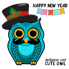 Cute owl gentleman with a mustache and a top hat against the background of a garland of flags. Christmas, New Year concept. Humorous cartoon vector illustration.