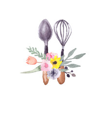 Logo for cake shop and bakery, kitchen with floral elements leaves and flowers roses and cooks. Watercolor illustration.Kitchenwear - 542468406
