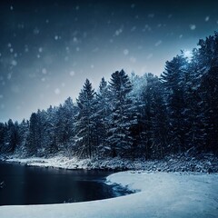 Fototapeta na wymiar winter snowy midnight and misty forest Generative AI