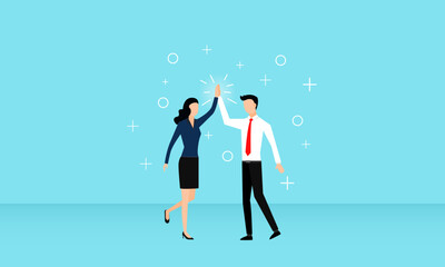 The male and female team do a giving high five, the concept of expressing the feeling of happiness of employees who come up with ideas for work or complete tasks.