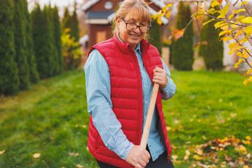 Woman in red vest holding rake. Gardening during fall season. Cleaning lawn from leaves Raking...