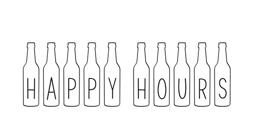 Cartoon happy hours with botlle for pubs, nightclubs, bars, restaurants and cafe. For Drinking glass and bottle wine or beer concept. Fest time or party time. 
Smile face and clock