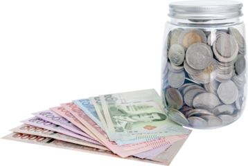 money banknote thai and coin in a piggy jar bank, saving money concept