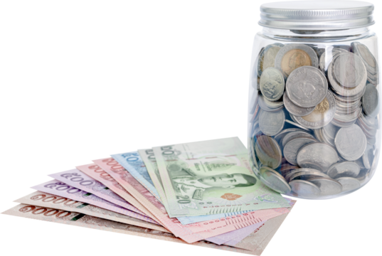 money banknote thai and coin in a piggy jar bank, saving money concept