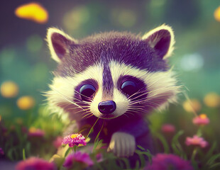 Baby Raccoon Playing in Spring Flowers. 3D rendered image that is computer generated. 