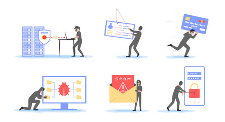 Concept Of Transaction Security, Phishing, Cyber Crime And Hacker Attack. Hacker Attack and Web Security Data, Login, Steal Passwords, Credit Card Data. Cartoon Outline Flat Vector Illustrations Set
