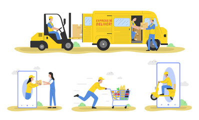 World Courier Delivery Service Concept. Storehouse Workers Courier In Uniform Deliver Parcels, Food Suply To Customer Home By Motorbike And Van. Cartoon Linear Outline Flat Vector Illustrations Set
