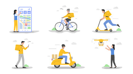 Fototapeta na wymiar Courier Delivery Service Concept. Storehouse Workers Couriers Deliver Parcels, Food Supply To Customer Home By Motorbike Bicycle, Drone, Scooter. Cartoon Linear Outline Flat Vector Illustrations Set