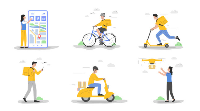 Courier Delivery Service Concept. Storehouse Workers Couriers Deliver Parcels, Food Supply To Customer Home By Motorbike Bicycle, Drone, Scooter. Cartoon Linear Outline Flat Vector Illustrations Set
