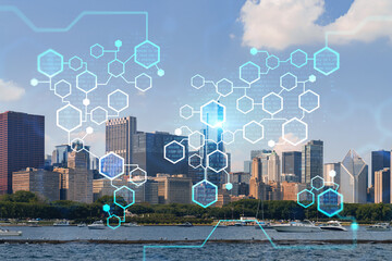 City view of Downtown skyscrapers of Chicago skyline panorama over Lake Michigan, harbor area, day time, Chicago, Illinois, USA. Decentralized economy. Blockchain, cryptography concept, hologram