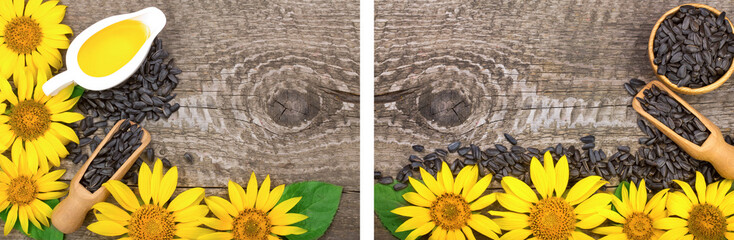 Sunflower oil, seeds and flower on wooden background with copy space for your text. Top view