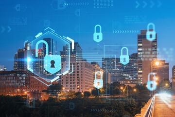 Fototapeta na wymiar Panoramic view of Broadway district of Nashville over Cumberland River at illuminated night skyline, Tennessee, USA. Padlock hologram. The concept of cyber security to protect confidential information