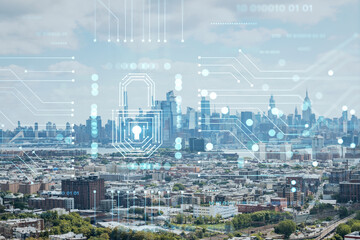 Naklejka premium Aerial helicopter view of midtown New York City form Jersey City. Financial district and residential neighborhood. The concept of cyber security to protect confidential information, padlock hologram
