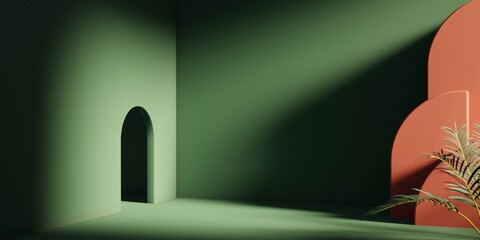 bright sunlight pointing to small door or tunnel in abstract room with palm tree leaves and geometric shapes.