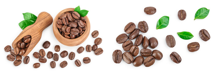 Fototapeta premium Heap of roasted coffee beans in wooden bowl with leaves isolated on white background with full depth of field. Top view. Flat lay.