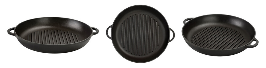 Empty cast iron grill frying pan isolated on white background with. Top view.