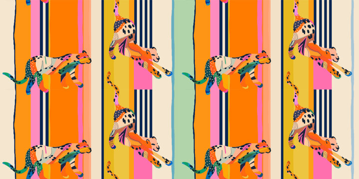 Modern abstract striped print with artistic leopards. Contemporary seamless pattern. Fashionable template for design. Bright cartoon style.