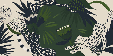 Stoffe zum Nähen Hand drawn artistic abstract jungle pattern with leopards. Ethnic style collage contemporary seamless pattern. Fashionable template for design.