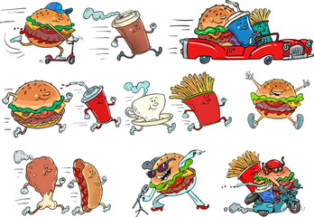 Set collection of fast food products street or road restaurant. Burger fries drink cola chicken leg hot dog coffee cup