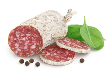 Cured salami sausage isolated on white background. Italian cuisine with full depth of field
