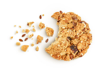 Granola cookie isolated on white background with full depth of field. Top view. Flat lay.