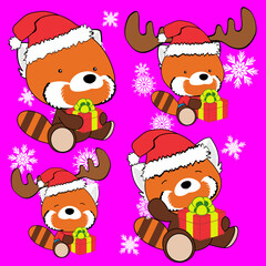 Naklejka premium xmas cute baby chibi red panda character cartoon illustration, vector format