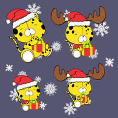 xmas cute baby chibi leopard character cartoon illustration, vector format