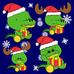 xmas cute baby chibi crocodile character cartoon illustration in vector art 