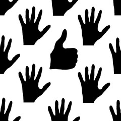 Set of black hand gestures on white background. Palm silhouette and thumb up. Creative abstraction with gestures.