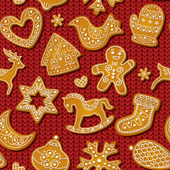 Gingerbread cookies seamless pattern on red knitting background. Festive sweet biscuits in shape of man, snowflake and bird, mitten and house, rocking horse and reindeer. Vector baked cakes design