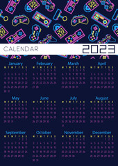 Vector. Calendar 2023. Retro gamepads, neon, pixel art.