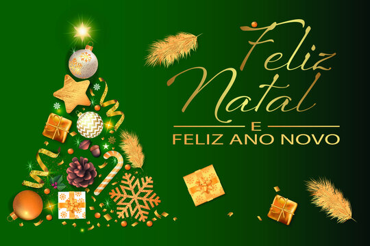 cartão ou banner para desejar um feliz natal e um feliz ano novo em ouro sobre fundo verde com uma árvore formada por uma bola de natal, serpentina, abeto, estrela, presentes, pirulito, confete