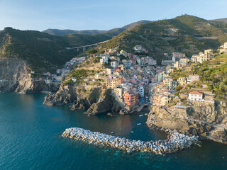 Riomaggiore town in Cinque Terre from aerial view