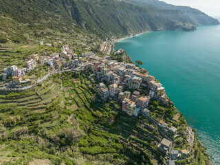 Corniglia town from aerial view at sunrise