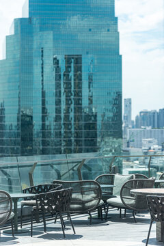 Roof Top Sky Bar Table Seat With Blur Skyscraper View Background