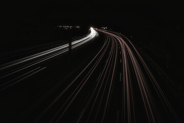 Speed Traffic - Highway at Night - Cars - Nachtverkehr auf Autobahn - Light Trails - Datenautobahn - Speeding - German - Ecology - Long Exposure - Color - Key - High quality photo	 - obrazy, fototapety, plakaty