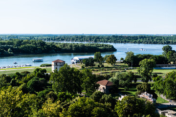 Fototapeta na wymiar Landscape seen from Belgrade Fortress, Kalemegdan Park with Danube and Sava rivers, Belgrade, Serbia.