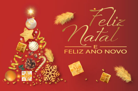 cartão ou banner para desejar um feliz natal e um feliz ano novo em ouro sobre um fundo vermelho com uma árvore formada por uma bola de natal, serpentina, abeto, estrela, presentes, pirulito, confete