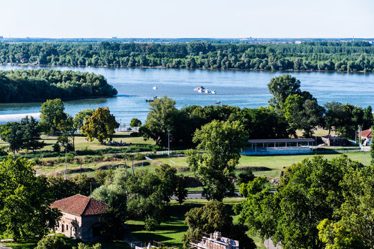 Landscape seen from Belgrade Fortress, Kalemegdan Park with Danube and Sava rivers, Belgrade, Serbia.