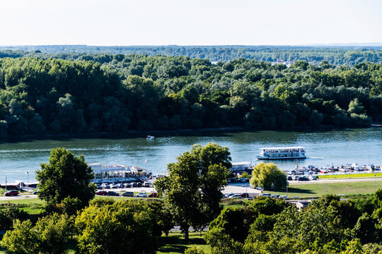 Landscape seen from Belgrade Fortress, Kalemegdan Park with Danube and Sava rivers, Belgrade, Serbia.